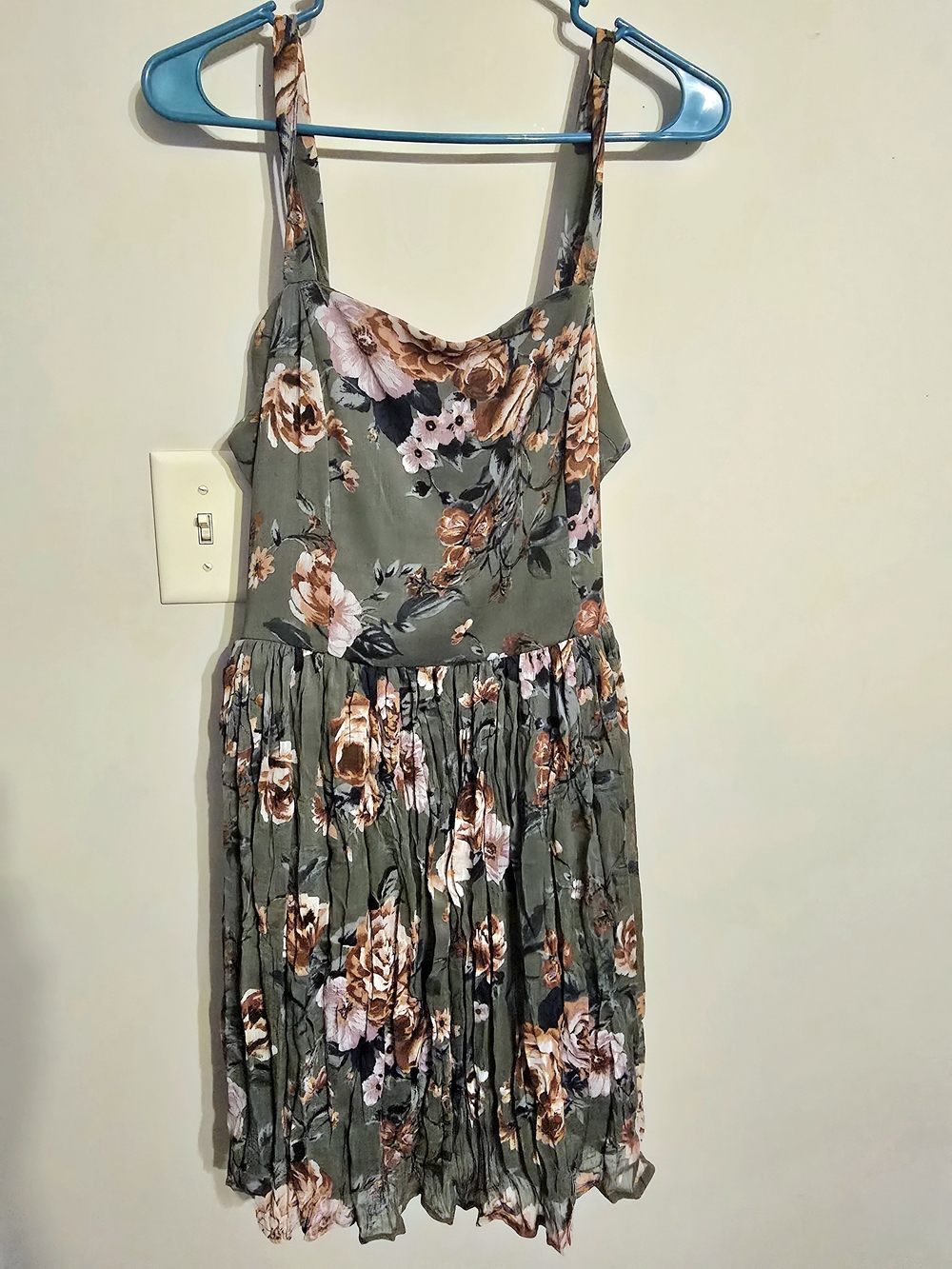 Xhilaration Olive Green Floral Sundress with Brown and Pink Roses